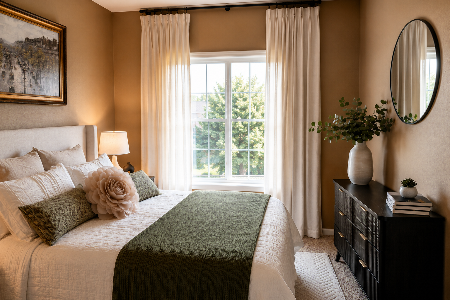 Furnished bedroom with olive throw and natural light at The Louise 305 in Sioux Falls